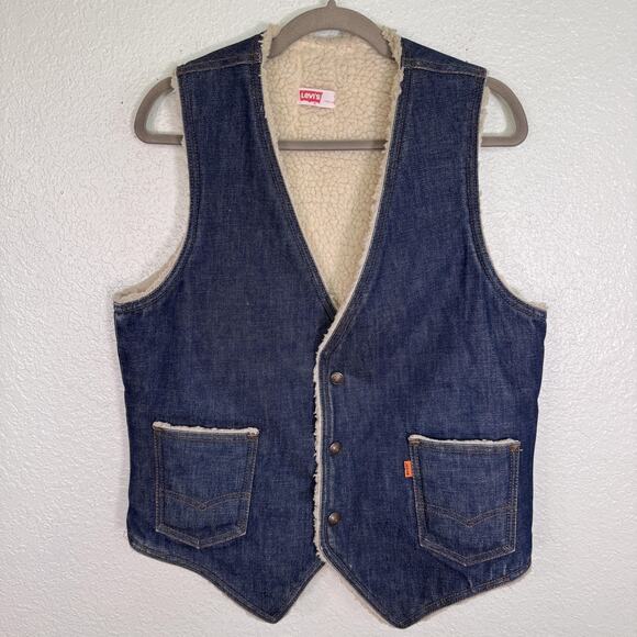 Vintage Levis Vest Mens Medium Denim Sherpa Lined Orange Tab Western Vtg 70s - Picture 1 of 16
